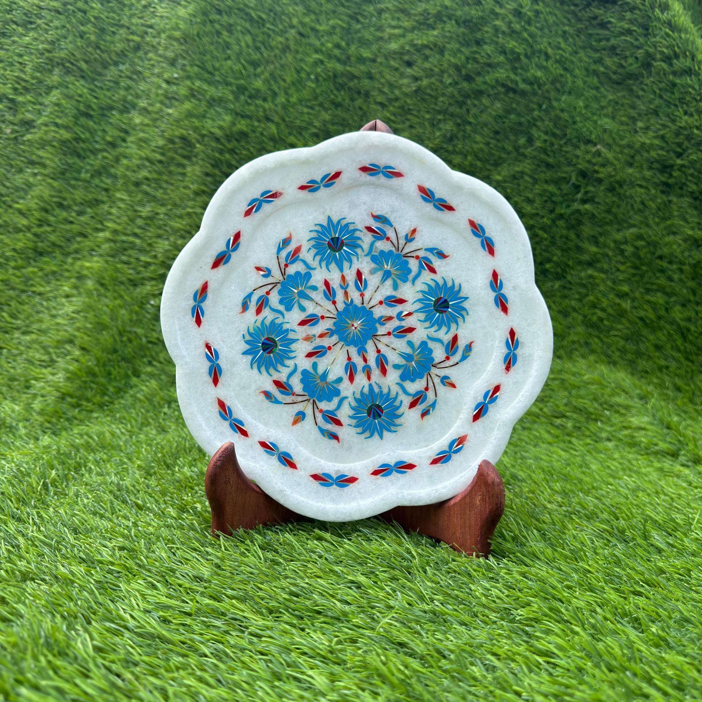 9" Beautiful Marble Plate, Handmade Turquoise Desing Inlay Art, Unique Gifts for Home, Kitchen & Dining Tray, Housewarming Gift