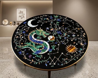 Tablero de mesa de centro con incrustaciones de mármol hechas a mano con diseño de dragón, sol, luna y estrellas / Tablero de mesa redondo Pietra Dura Art / Decoración de lujo para el hogar