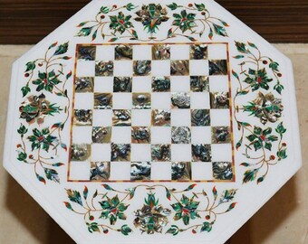 White Marble Chess Table Top: Floral Marquetry Inlay (18x18 Inches)