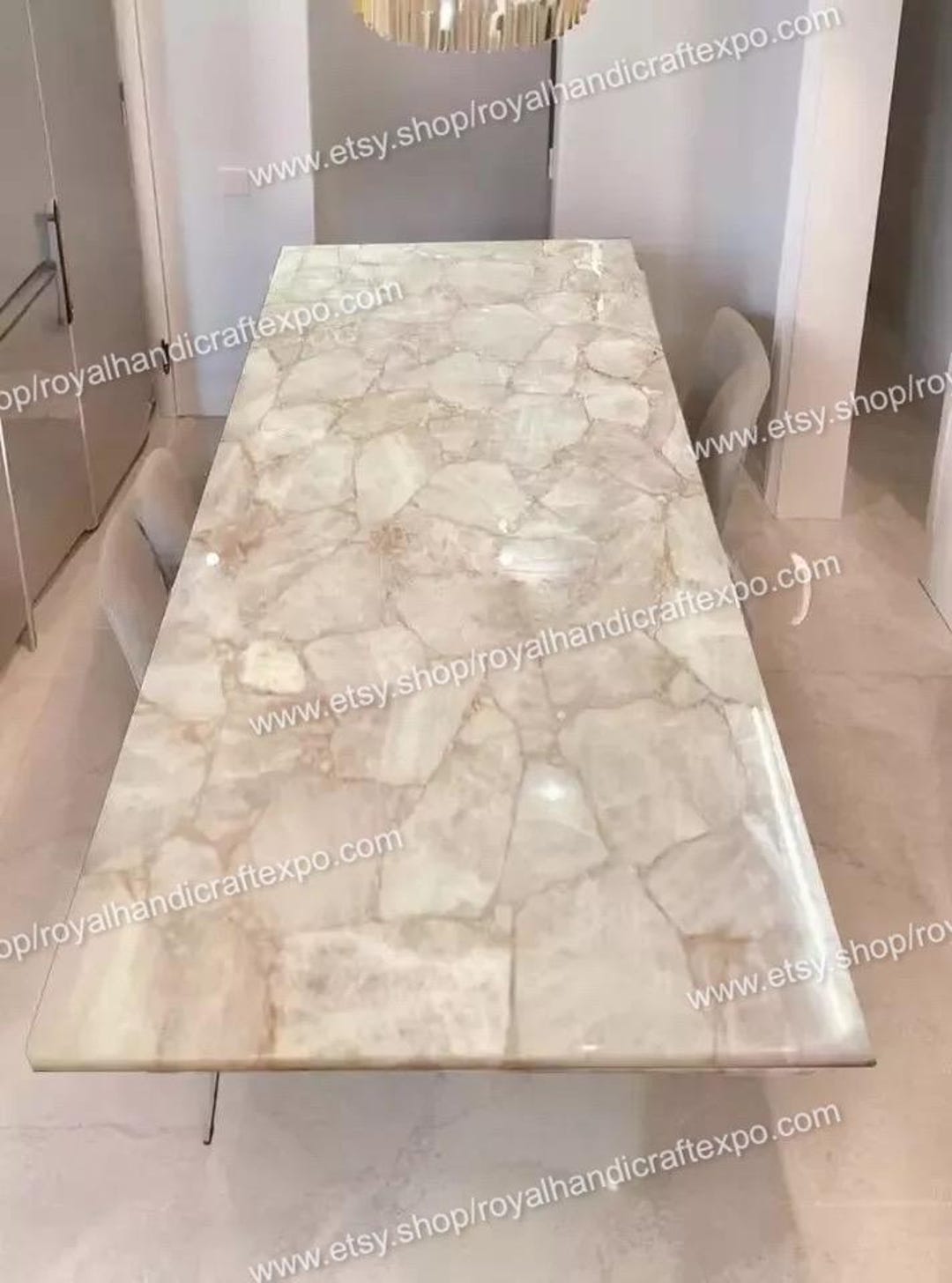 White Quartz Dining Table, Crystal Quartz Table Top, Agate Console