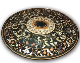 Green Marble Tabletop Semi Precious Stones Inlay Work Handicraft Pietra Dura Home Decor