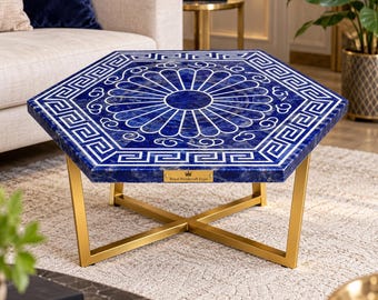 Tablero de mármol lapislázuli, tablero de mesa de centro con incrustaciones de piedra hechas a mano, diseño octogonal floral mandala y greca, tamaño personalizado.