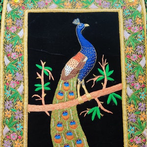 Handmade Zardozi Peacock Tapestry: Embroidered Wall Hanging with Stones