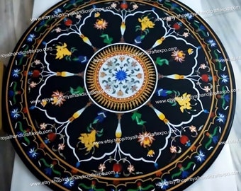 Black Marble Inlay Coffee Tabletop: Pietradura Gemstone Centerpiece