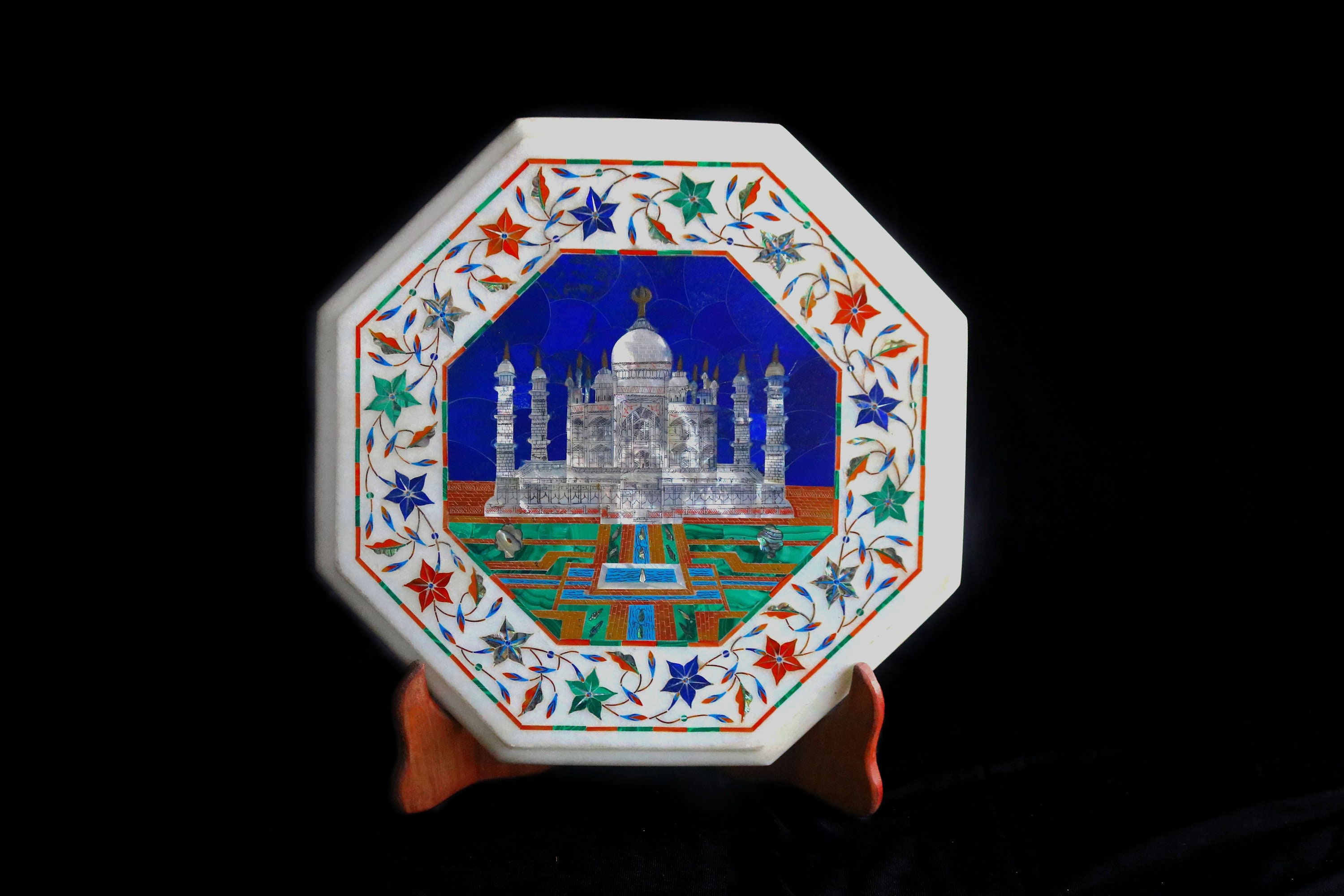 Pietra dura marble inlay table top beautiful Taj Mahal from Agra