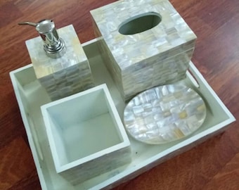 Beautiful White Mother of Pearl Bathroom Set Agate Bathroom Accessories Set in Soap Dispenser ,Toothbrush Holder, Tumbler, Soap Dish, Decor