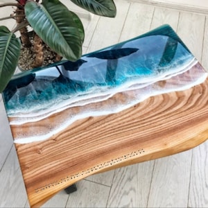 Custom Epoxy Resin River Ocean Wave Resin Coffee Tabletop Wood Plank Dining Table Counter Desk Coffee Tabletop
