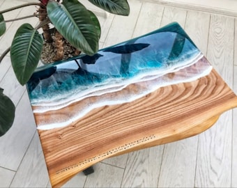 Custom Epoxy Resin River Ocean Wave Resin Coffee Tabletop Wood Plank Dining Table Counter Desk Coffee Tabletop