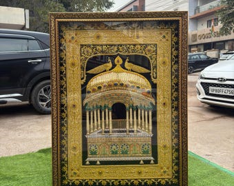 Framed Peacock Throne Embroidery: Zardozi India Wall Art