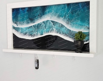 Black Beach Ocean Waves Epoxy Entryway Key Ring Shelf | White Frame.