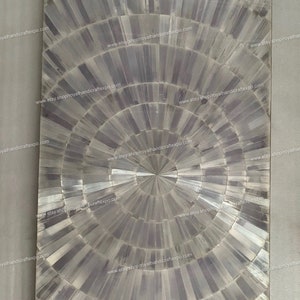 May include: A circular, gray and white mosaic tile with a radial pattern. The tile is made of many small, rectangular pieces of selenite, a type of crystal. The tile has a unique, geometric design.