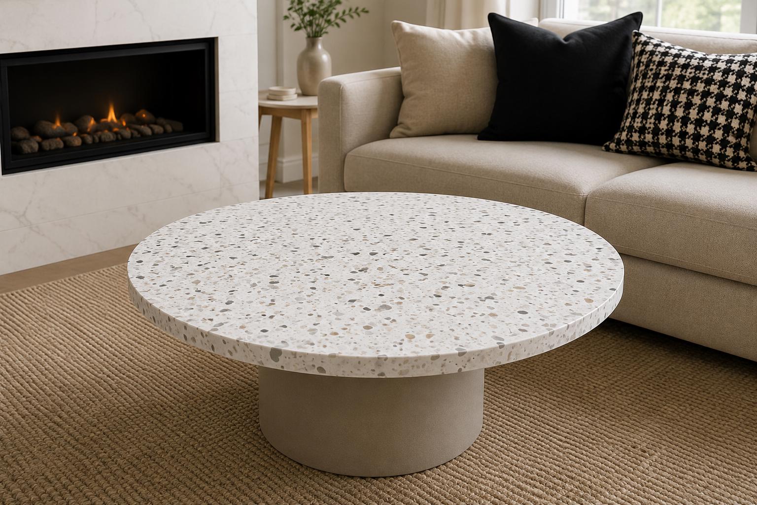 Handmade White Terrazzo Tabletop: Custom Round Coffee, Dining, Bar