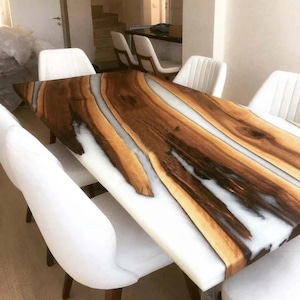 Live Edge acacia River Table: White Epoxy Resin, Custom Order