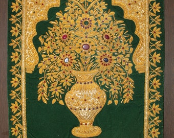 Zardozi Tapestry: Handmade Floral Wall Hanging with Semi-Precious Stones