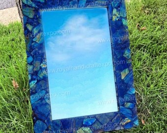 Espejo rectangular de estilo bohemio hecho a mano con piedra preciosa de labradorita azul.