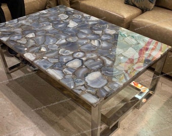 Grey Agate Natural Stones Countertop, Agate Natural Stones Coffee Tabletop, Center Tabletop Home Décor leg gold color