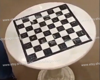 Handmade Marble Chess Board Tabletop: Black & White Stone Inlay