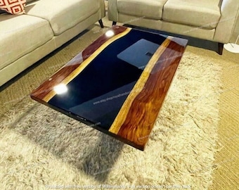 Blue Epoxy Resin River Coffee Table: Custom Live Edge Wood Tabletop (Customizable)