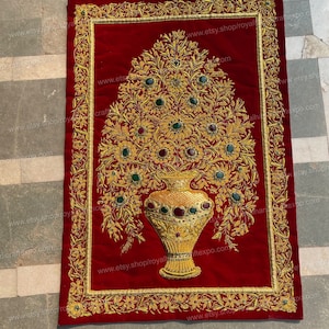 Jewel carpet. zardozi Embroidery. Wall Hanging.wall hanging carpet, trim work ,OOK floral tapestry.needle point gold thread wall hanging