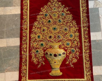 Zardozi Jewel Carpet: Hand-Embroidered Floral Tapestry with Semi-Precious Stones