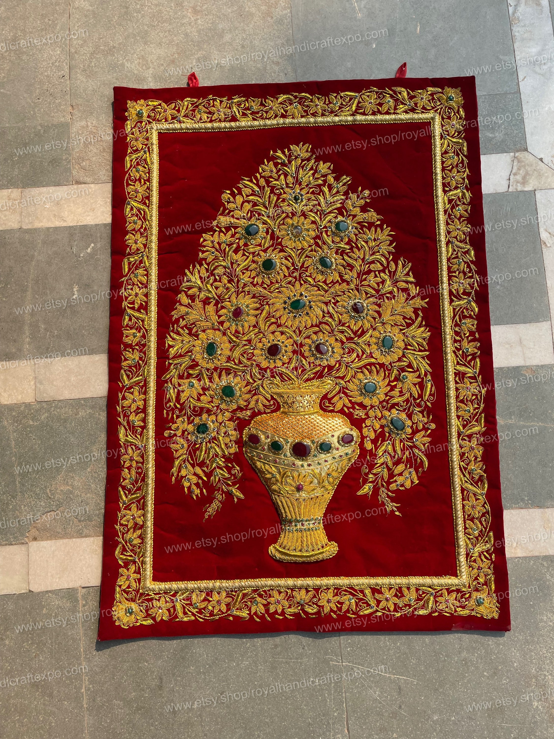 Royal Ancient Zardosi Jewel Art Wall Hanging Hand Embroidered Multi  Coloured Jewel Carpet 