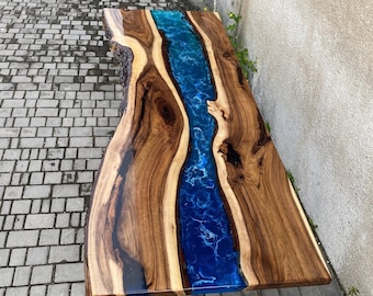Live Edge Mystic Blue Epoxy Tabletop with Acacia Wood, Dining Table, Resin River Table (Can be customized as per the size and design)