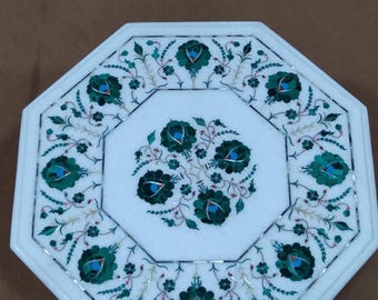 Malachite Floral Inlay Marble Tabletop: Handmade Pietra Dura Art