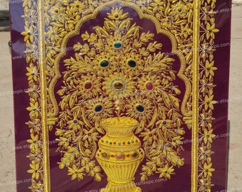Zardozi Wall Panel: Golden Thread Embroidery with Semi-Precious Stones