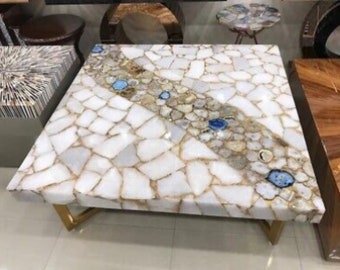 Handcrafted Agate Coffee Table Top: White & Blue Stone, Custom Sizes