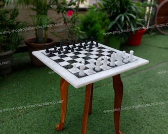 Chess Set in White and Black Marble with Marble piece Chess board set. Handmade Chess Tabletop for living room. Gift Wooden Stand