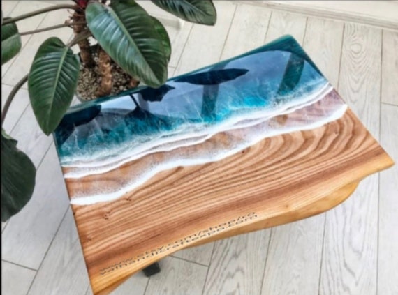 Camphor Wood Epoxy Resin Table with Ocean Waves Design – Epoxy