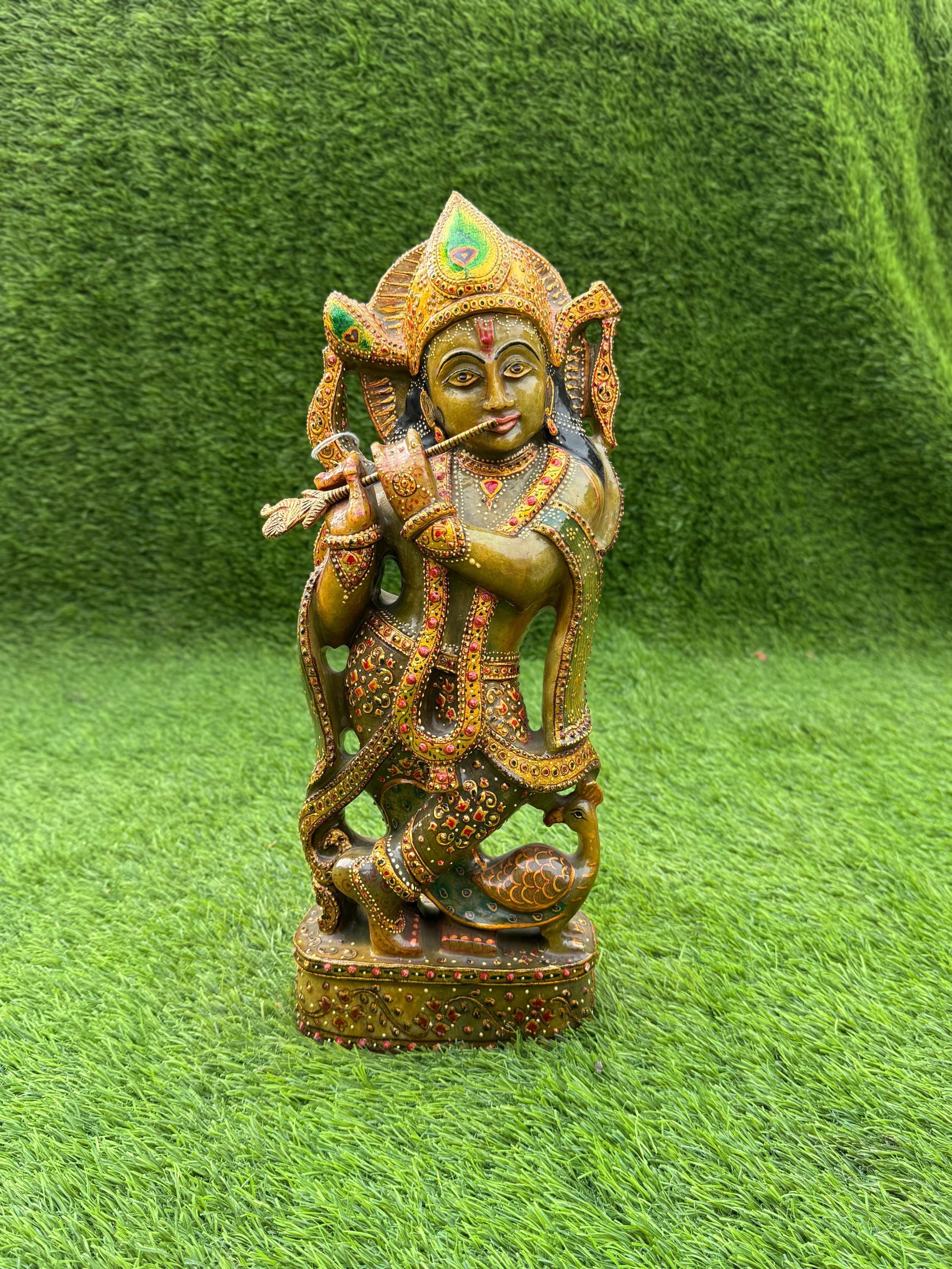 グリーンジェイドのクリシュナ像：手作りのヒンドゥー教の神、寺院の