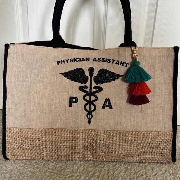 Physician Assistant Jute Tote Bag Medical Caduceus Gift Burlap Tote Med Student Gift for PA Medical Symbol Tote Tassel Boho Nurse Doctor Gif