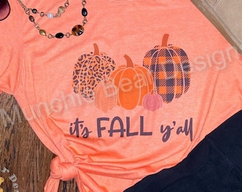 It’s Fall Y’all T-Shirt/Fall Plaid Pumpkins T-Shirt/Fall Pumpkins Shirt/Fall T-Shirt/Leopard Pumpkin T-Shirt/Women’s Fall Clothing