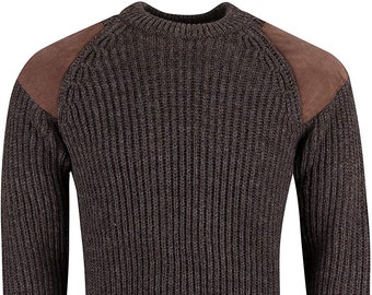 Pure British Wool Countryman Patch Crew Neck Brown Arran Jumper - Made in UK