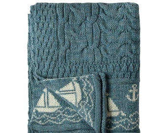 100% British Wool Arran Nautical Wool Throw/Blanket In Summer Blue Colour - MADE IN UK