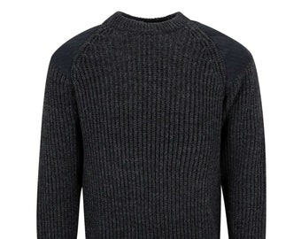 Pure British Wool Countryman Patch Crew Neck Charcoal Arran Jumper - Made in UK