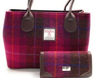 Ladies Harris Tweed Classic Handbag With Matching Purse, 2 Pieces Handbag and Purse Gift Set - Deep Pink Check Tartan