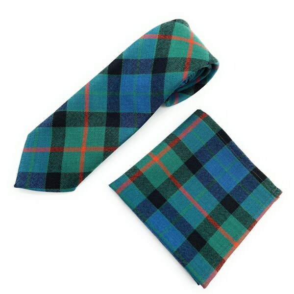 Gents Pure Wool Gunn Ancient Tartan Tie & Matching Pocket Square Set - Made in Scotland