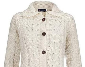 British Wool Ladies Arran Cable Cream Six Button Cardigan - MADE IN UK