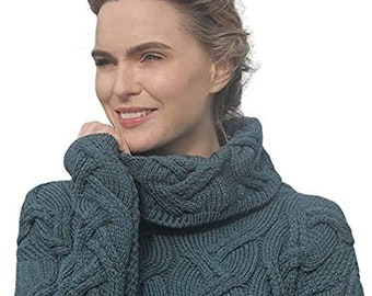 100% British Wool Ladies Cable Cowl Neck Summer Storm Arran Jumper- MADE IN UK