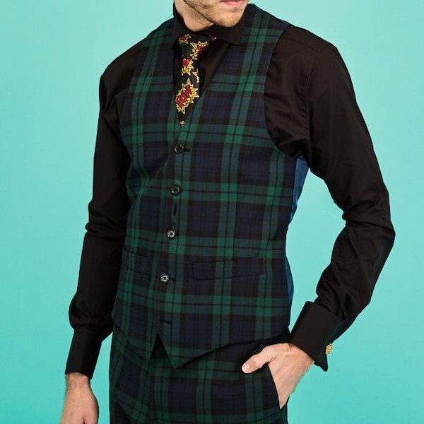 Gents Scottish Black Watch Tartan Six Button Waistcoat - Size S to 5XL