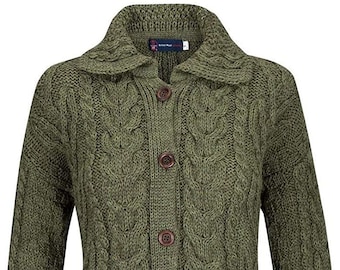 British Wool Ladies Arran Cable Apple Green Six Button Cardigan - MADE IN UK
