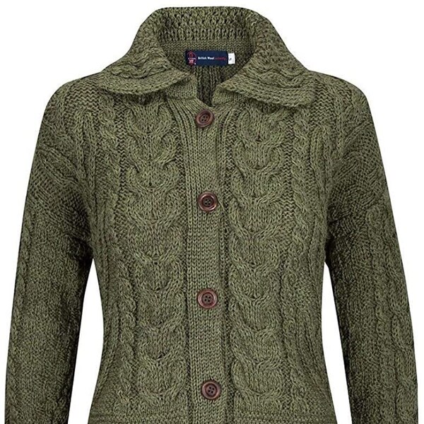 Cardigan à six boutons vert pomme Arran Cable pour femme en laine britannique - MADE IN UK