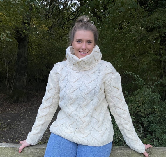 100% British Wool Ladies Cable Cowl Neck Ecru Arran Jumper- MADE IN UK
