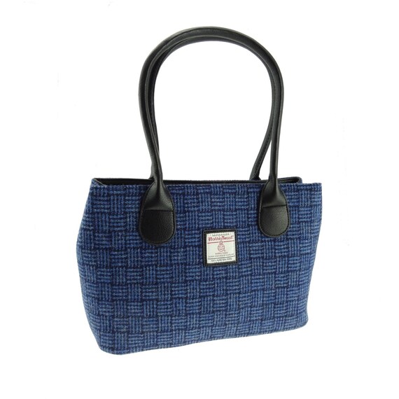 Ladies Authentic Harris Tweed Tote Bag With Shoulder Strap Blue Check COL 14 
