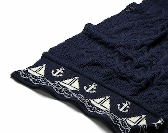 100% British Wool Arran Nautical Wool Throw/Blanket In Navy  Colour - MADE IN UK