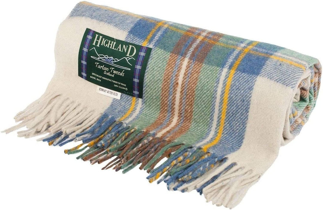 Stewart Muted Blue Wool Blend Tartan Blanket Throw Blanket 157cm X