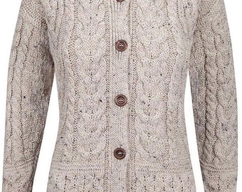 British Wool Ladies Arran Cable Oatmeal Six Button Cardigan - MADE IN UK