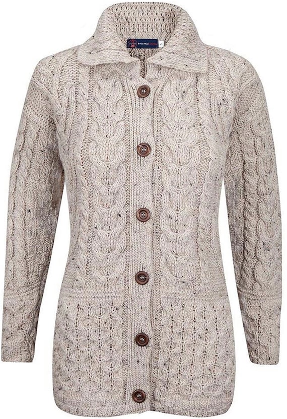 British Wool Ladies Arran Cable Oatmeal Six Button Cardigan - MADE IN UK